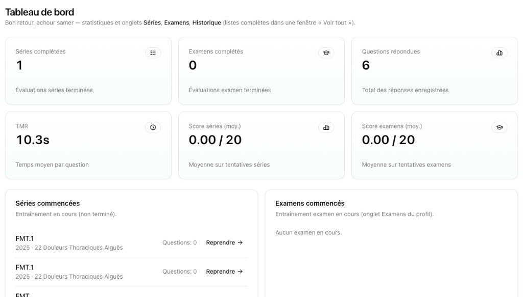 Tableau de bord MedBridge : statistiques, séries et examens