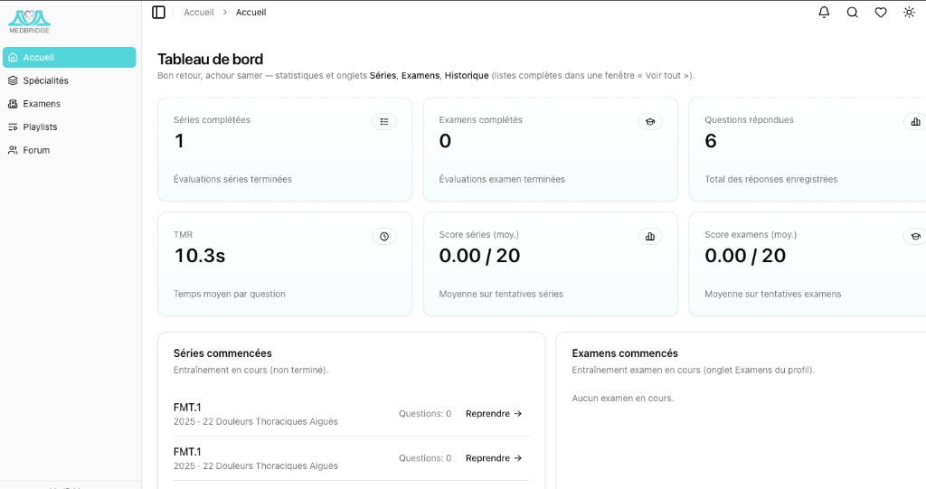 Tableau de bord MedBridge : statistiques, séries et examens